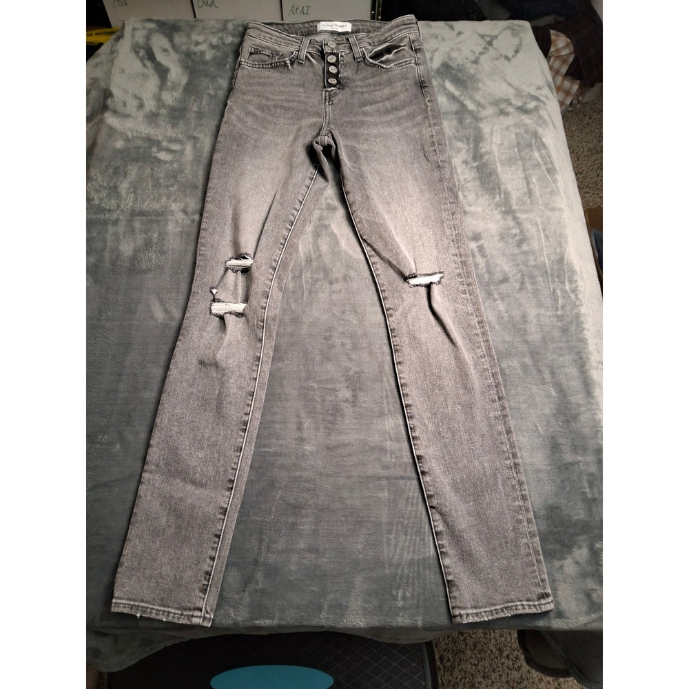 Flying Monkey‎ Platinum Womens High Rise Button Fly Distressed Skinny Jeans Grey